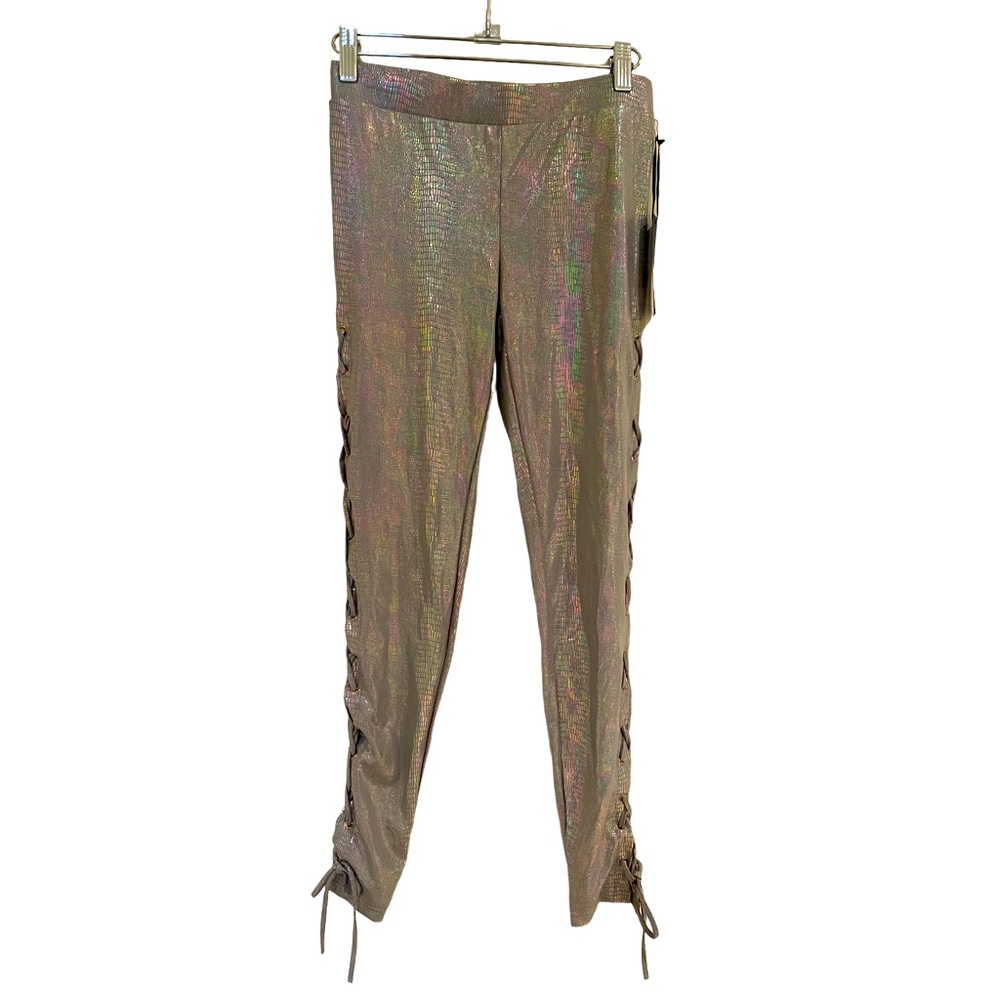 Silver Metallic Rainbow Snakeskin Lace-up Sides Leggings